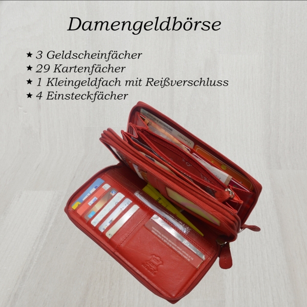 flevado Xl Portemonnaie Große Damen Leder Geldbörse mit viel Stauraum und Platz für 29 Karten (hellrot)